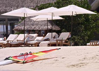 Lounge chairs and parasols on beach