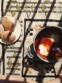 High angle view of breakfast served on table