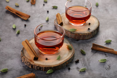 High angle view of tea on table