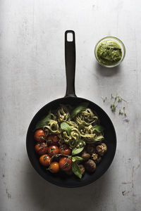 Directly above shot of vegetables and pasta in saucepan