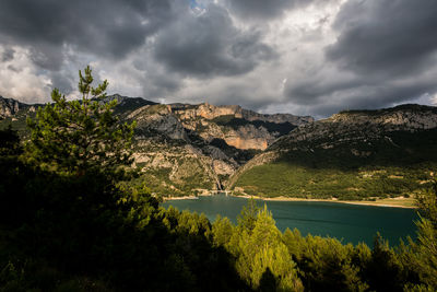 Scenic view of lake and mountains against sky