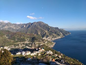 Scenic view of sea and mountains against blue sky