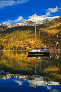 Scenic view of lake and mountains against sky