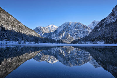 Scenic view of lake by mountains against clear blue sky