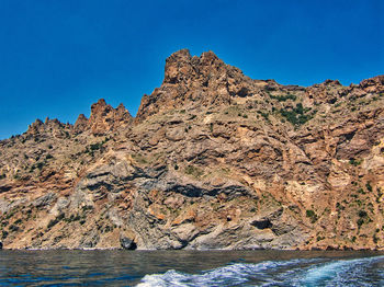 Rock formations in sea against clear blue sky