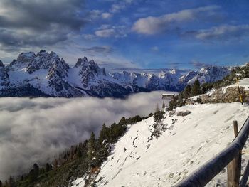 Sea of clouds in the valley in the snow-covered dolomites