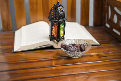 High angle view of open book on table