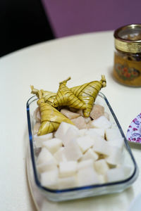 High angle view of food in plate on table