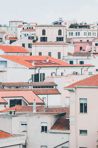 High angle view of residential buildings against sky