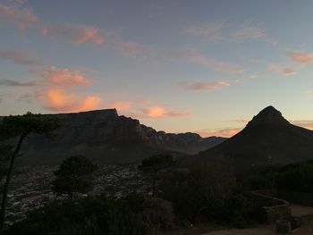 Scenic view of mountains against sky during sunset