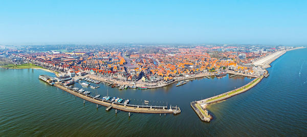 Aerial panorama from the historical town volendam at the ijsselmeer in the netherlands