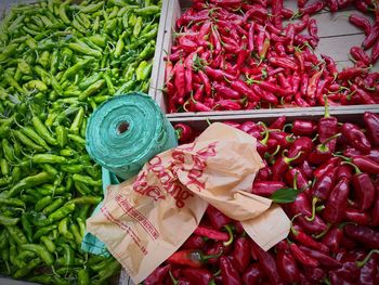 High angle view of chili peppers for sale at market stall