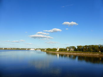 Scenic view of lake against blue sky