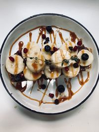 High angle view of dessert in plate on table