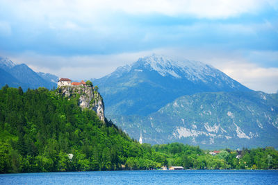 Scenic view of lake and mountains against sky