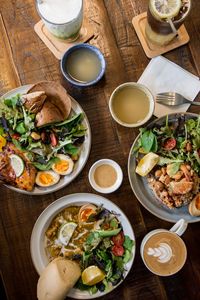 High angle view of meal served on table