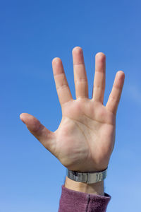 Close-up of human hand against sky