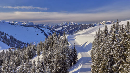 Aerial view of snowcapped mountains against sky