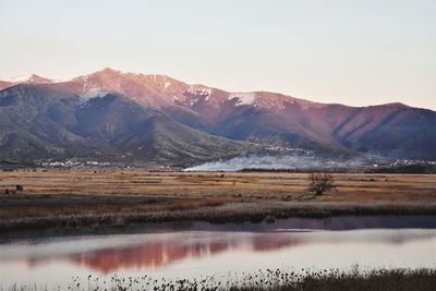 Scenic view of lake and mountains against sky