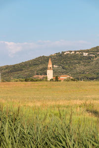 Scenic view of field by buildings against sky