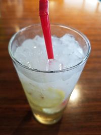 High angle view of drink in glass on table