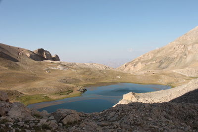 Scenic view of lake and mountains against clear sky