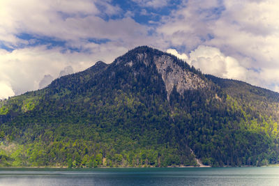 Scenic view of mountain by sea against sky