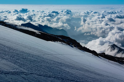 Scenic view of snowcapped mountains against cloudscape