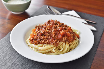 Close-up of pasta in plate on table