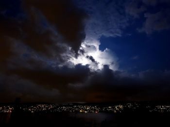 Illuminated cityscape against cloudy sky