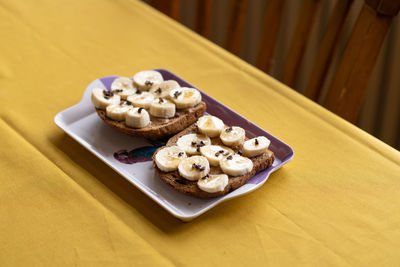 High angle view of dessert in plate on table