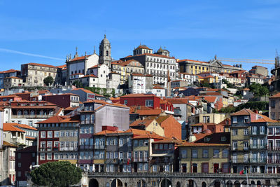 Buildings in city against clear blue sky