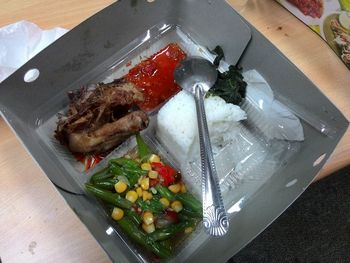 High angle view of food in plate on table