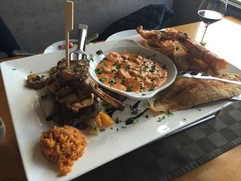 High angle view of food in plate on table