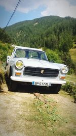 Vintage car by trees against sky