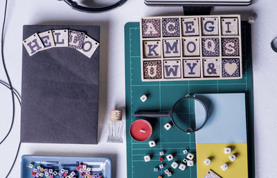 High angle view of objects against white background