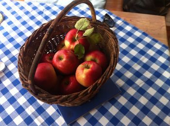 High angle view of strawberries on table