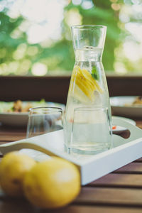 Close-up of refreshing drink in summer on table outside
