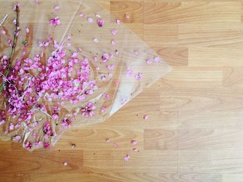 High angle view of pink petals on hardwood floor