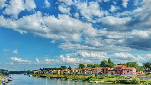 Scenic view of river against cloudy sky