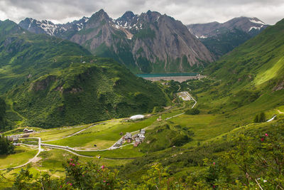 Aerial view of riale village and morasco lake in val formazza, piedmont, italy