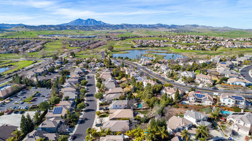 High angle view of townscape against sky