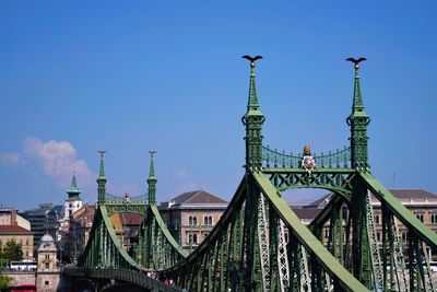 Low angle view of a bridge and buildings against blue sky