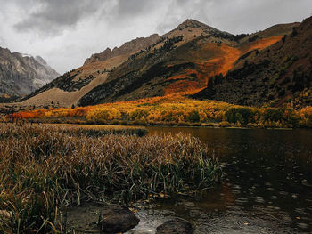 Scenic view of lake and mountains against sky