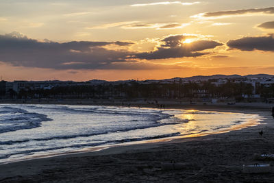 Scenic view of beach against sky during sunset