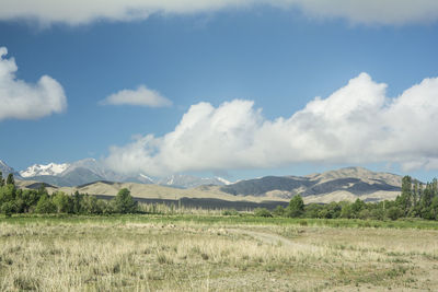 Scenic view of field and mountains against sky