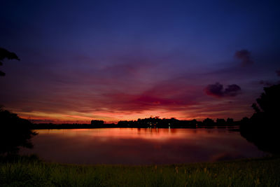 Scenic view of lake against sky at sunset