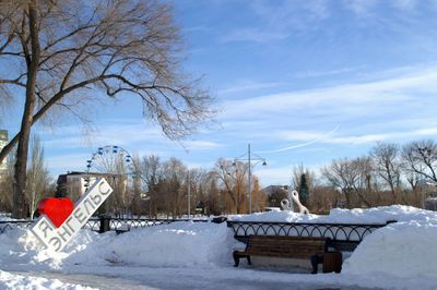 Bare trees on snow covered land against sky