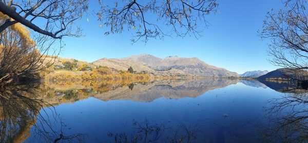 Scenic view of lake by trees against blue sky