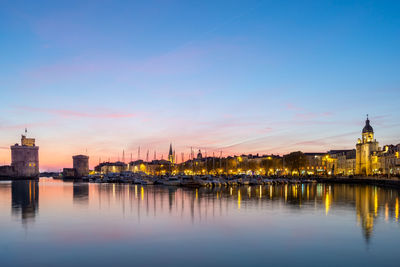 Panoramic view of the old harbor of la rochelle at sunset with its famous old towers. pastel tones